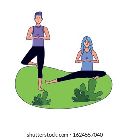 woman and man doing yoga on the grass over white background, colorful design, vector illustration