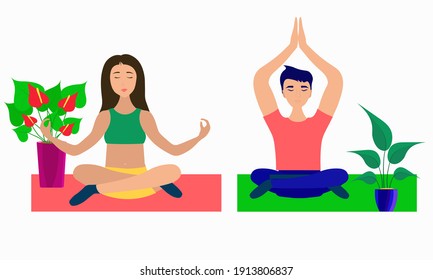woman and man doing yoga together, pose on the mat, sports at home, anthurium and spathiphyllum, male and female harmony, happiness, vector