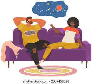 Woman and man dreaming, thinking about space, planets, dark sky and stars. Young couple relax, fantasize and sit on couch on white background at home. Happy people smile and dream of constellations