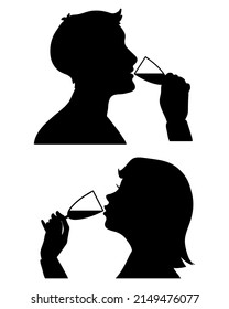 Woman and man drinking alcohol from the glass, vector cartoon black profile silhouette illustration