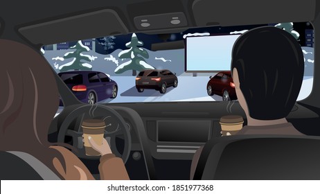 Woman and a man are drinking coffee in the car and watching a movie on a big screen in the car cinema. Winter evening city. Enjoy your time while isolating yourself with the coronavirus. Vector