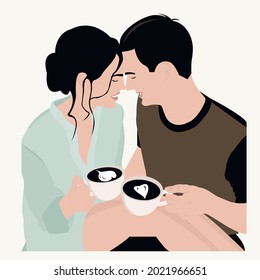 Woman and a man are drinking coffee. Vector illustration of a couple in love. Design of a poster, a wedding card, a presentation.