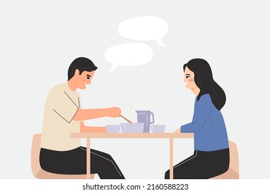 woman and man eating together cartoon illustration