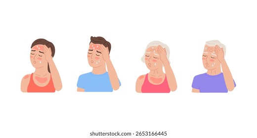 Woman, man and elderly person with heatstroke from sun and heat. Burn and red skin of people set. Dehydration with sweat and thirsty in hot weather. Flat vector illustration