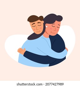 The woman and the man embrace each other with their arms behind their backs and hug. Vector illustration of cartoon character flat.