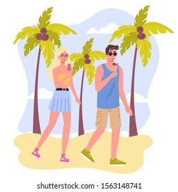 Woman and man enjoying a vacation. Summer activities for couple. People having fun on the beach. Isolated vector illustration in cartoon style