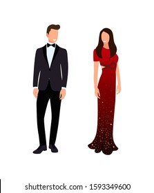 Woman and man in evening outfits. Fashionable man and woman dressed for cocktail party. Colorful vector illustration in flat cartoon style. Isolated on white background.