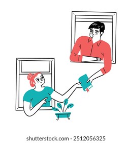 A woman and a man exchange a book through their windows, symbolizing connection and learning. This illustration captures the warmth and joy of sharing knowledge and friendship.