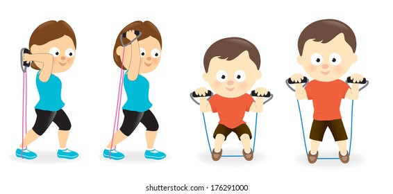 Woman and man exercising with resistance band tubes