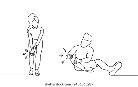 Una mujer y un hombre están experimentando dolor de rodilla. El resultado de una lesión o un hematoma. Ilustración vectorial simple sobre fondo blanco.