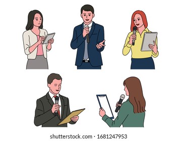 A woman and a man expert in suits are speaking with a microphone in one hand and a tablet in the other. hand drawn style vector design illustrations. 