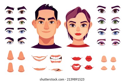 Woman and man face constructor elements with different colors and forms of eyes brows lips and noses cartoon vector illustration