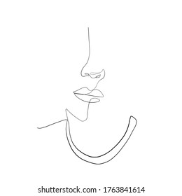 Woman or man face drawn in one continuous line. Simple silhouette of face with nose, mouth. Minimalism. Vector design. One line. 