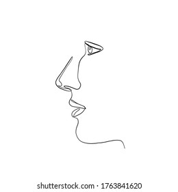 Woman or man face drawn in one continuous line. Simple silhouette of face with eyes, nose, mouth. Minimalism. Vector design. One line. 