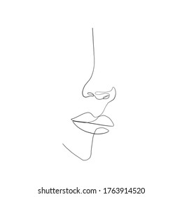 Woman or man face drawn in one continuous line. Simple silhouette of face with nose, mouth. Minimalism. Vector design. One line. 