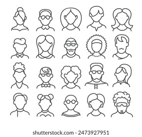 Woman and man face line icons. Female male outline symbols with different hairstyles. People avatars set isolated vector illustration