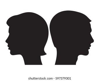 Woman And Man Face Silhouette. Black Profile On A White Background. Vector Illustration.