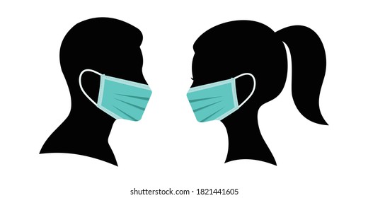 Woman and Man  face silhouette in medical mask, Male and female head with mask for virus protection, protection business concept, Vector icon illustration.