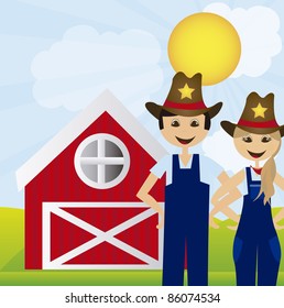 woman and man farmers over landscape farm background. vector