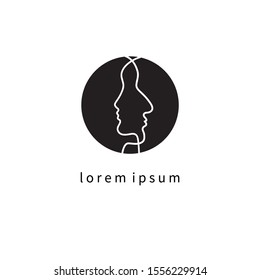 Woman and man, female and male  profile in circle, family psychotherapy icon, couple logo, vector line sign