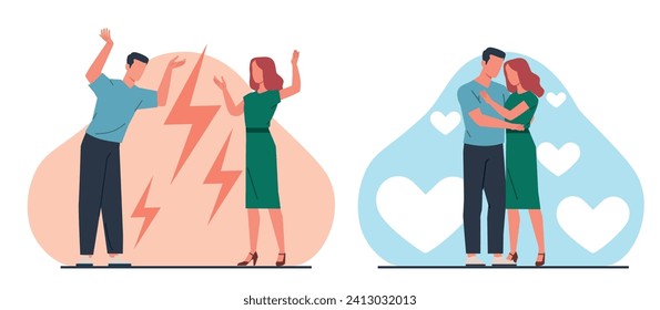 Woman and man fight and reconcile. Romantic relationship problems. Family quarrel , people hugging. Marriage and relations trouble. Boyfriend and girlfriend cartoon flat vector concept