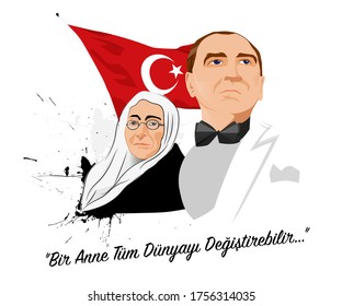 woman man and flag a text saying "bir anne tum dunyayi degistirebilir" translate  a mother can change the whole world