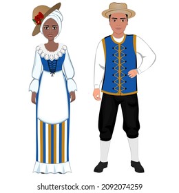 Woman and man in folk national Barbados costumes. Vector illustration