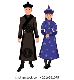 Woman and man in folk national Buryat costumes. Vector illustration