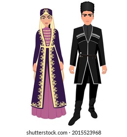 Woman and man in folk national Chechen costumes. Vector illustration