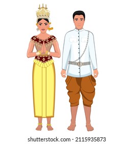 Mujer y hombre con disfraces folclóricos nacionales de Camboya. Ilustración del vector