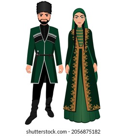 Mujer y hombre con trajes folclóricos nacionales georgianos. Ilustración del vector