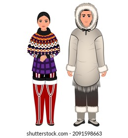 Woman and man in folk national Greenland costumes. Vector illustration