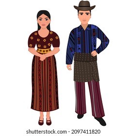 Woman and man in folk national Guatemalan costumes. Vector illustration