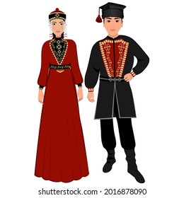 Woman and man in folk national Kalmyk costumes. Vector illustration