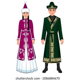 Mujer y hombre con trajes folclóricos nacionales kazajos. Ilustración del vector