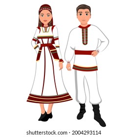 Woman and man in folk national Mordovian costumes. Vector illustration