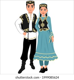 Woman and man in folk national Tatar costumes. Vector illustration