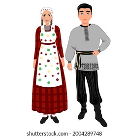 Woman and man in folk national Udmurt costumes. Vector illustration