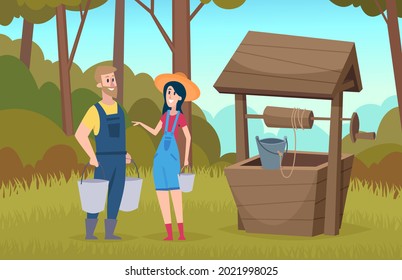 Woman man in forest. People near well with buckets, came for water. Happy farmers in village on nature vector illustration