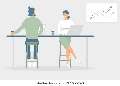 Woman and man friends or colleagues sitting at desk in modern office,working at notebook and tablet,have coffee, talking.Effective and productive teamwork.Hand drawn style vector illustrations