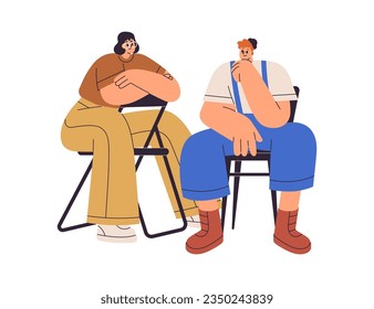 Woman and man friends, sitting on chairs, speaking, talking, looking at each other. Happy people communication, conversation, dialog. Flat graphic vector illustration isolated on white background