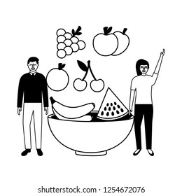 woman and man fruits in bowl