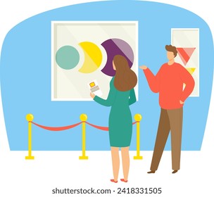 Woman and man in gallery viewing abstract art. Female art enthusiast holding brochure, male companion discussing artwork. Art exhibition and appreciation vector illustration.