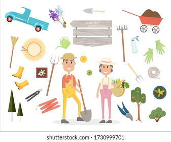 a woman and a man with gardening equipment