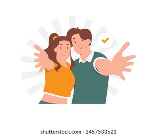 Woman and man gesturing welcome sign, smiling while standing, extending hands wanting hug cuddle, welcoming concept illustration