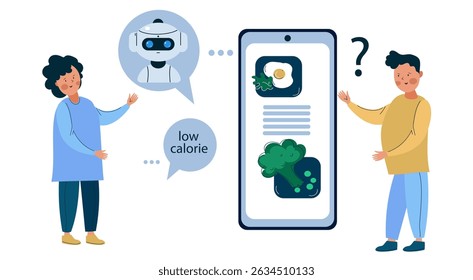 Woman and man get low calorie diet advice from an Ai robot chatbot on a smartphone app. Artificial intelligence personal nutrition consultant flat illustration.	
