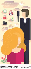 Woman and a man are getting ready for their wedding. Wedding icons and characters. Planning a wedding and celebration. Modern design for your ideas.