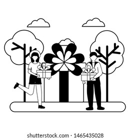 woman and man gift cake birthday celebration vector illustration