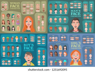 Woman, Man, Girl, Boy Character Constructors. From Housewife to Hipster. Cartoon Woman Face Parts Creation Spare Parts. Cartoon Style Faces. Body Part. Vector Illustration