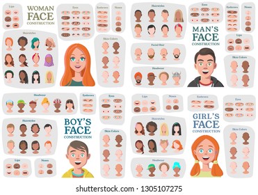 Woman, Man, Girl, Boy Character Constructors. From Housewife to Hipster. Cartoon Woman Face Parts Creation Spare Parts. Cartoon Style Faces. Body Part. Vector Illustration